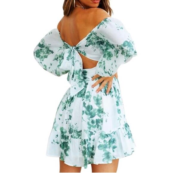 Fit & Flare Milkmaid Dress XL Green White Lantern Sleeves Ruffle Stretch Waist - Picture 4 of 16